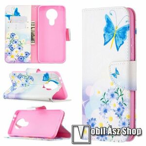 Notesz / mappa tok - KÉK PILLANGÓ / VIRÁG MINTÁS - oldalra nyíló, rejtett mágneses záródás, belső zseb, asztali tartó funkció, szilikon belső - NOKIA 3.4 (2020) kép