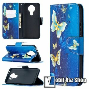 Notesz / mappa tok - KÉK / ARANY PILLANGÓ MINTÁS - oldalra nyíló, rejtett mágneses záródás, belső zseb, asztali tartó funkció, szilikon belső - NOKIA 3.4 (2020) kép