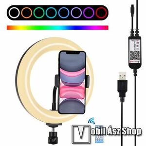 PULUZ UNIVERZÁLIS telefon tartó / RGBW LED selfie körfény - állítható szín, 11W, távirányítóval, 60-85mm-ig nyíló bölcső, letöltehető alkalmazás, 360°-ban forgatható, 1/4" univerzális csavar, AZ ÁLLVÁNY NEM TARTOZÉK! - FEKETE kép