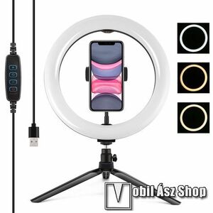 PULUZ UNIVERZÁLIS telefon tartó tripod állvány - LED selfie körfény, állítható színhőmérséklet 3200K-6500K, 360°-ban forgatható, 60-85mm-ig nyíló bölcső, állítható állvány - FEKETE kép