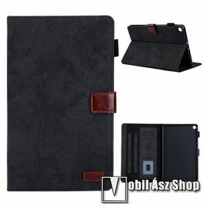 Notesz tok / mappa tok - FEKETE - szövettel bevont, oldalra nyíló flip cover, asztali tartó funkciós, bankkártyatartó zseb, ceruzatartó, szilikon belső - SAMSUNG Galaxy Tab A7 10.4 (2020) (SM-T500/T505) / (2022) (SM-T509) kép