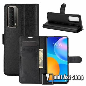 WALLET notesz tok / flip tok - FEKETE - asztali tartó funkciós, oldalra nyíló, rejtett mágneses záródás, bankkártyatartó zseb, szilikon belső - HUAWEI P smart (2021) / HUAWEI Y7a kép