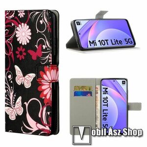 Notesz / mappa tok - VIRÁG / PILLANGÓ MINTÁS - oldalra nyíló, rejtett mágneses záródás, bankkártyatartó zseb, asztali tartó funkció, szilikon belső - Xiaomi Mi 10T Lite 5G / Redmi Note 9 Pro 5G / Mi 10i 5G kép