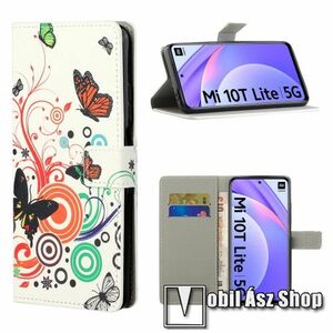 Notesz / mappa tok - PILLANGÓ / VIRÁG MINTÁS - oldalra nyíló, rejtett mágneses záródás, bankkártyatartó zseb, asztali tartó funkció, szilikon belső - Xiaomi Mi 10T Lite 5G / Redmi Note 9 Pro 5G / Mi 10i 5G kép