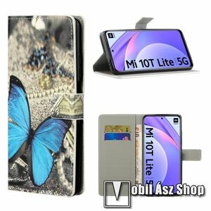 Notesz / mappa tok - KÉK PILLANGÓ MINTÁS - oldalra nyíló, rejtett mágneses záródás, bankkártyatartó zseb, asztali tartó funkció, szilikon belső - Xiaomi Mi 10T Lite 5G / Redmi Note 9 Pro 5G / Mi 10i 5G kép