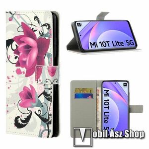 Notesz / mappa tok - LÓTUSZVIRÁG MINTÁS - oldalra nyíló, rejtett mágneses záródás, bankkártyatartó zseb, asztali tartó funkció, szilikon belső - Xiaomi Mi 10T Lite 5G / Redmi Note 9 Pro 5G / Mi 10i 5G kép
