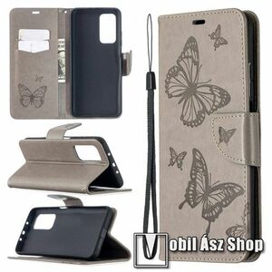 Notesz tok / flip tok - GRAVÍROZOTT PILLANGÓ MINTÁS - SZÜRKE - asztali tartó funkciós, oldalra nyíló, rejtett mágneses záródás, bankkártyatartó zseb, szilikon belső - Xiaomi Mi 10T 5G / Mi 10T Pro 5G / Redmi K30S kép