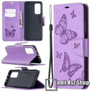 Notesz tok / flip tok - GRAVÍROZOTT PILLANGÓ MINTÁS - LILA - asztali tartó funkciós, oldalra nyíló, rejtett mágneses záródás, bankkártyatartó zseb, szilikon belső - Xiaomi Mi 10T 5G / Mi 10T Pro 5G / Redmi K30S kép