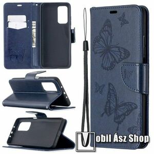Notesz tok / flip tok - GRAVÍROZOTT PILLANGÓ MINTÁS - KÉK - asztali tartó funkciós, oldalra nyíló, rejtett mágneses záródás, bankkártyatartó zseb, szilikon belső - Xiaomi Mi 10T 5G / Mi 10T Pro 5G / Redmi K30S kép