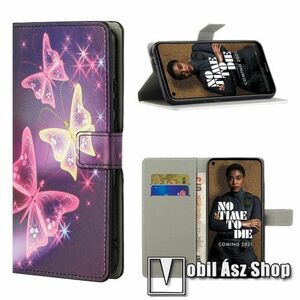 Notesz / mappa tok - LILA PILLANGÓ MINTÁS - oldalra nyíló, rejtett mágneses záródás, belső zseb, asztali tartó funkció, szilikon belső - NOKIA 3.4 (2020) kép