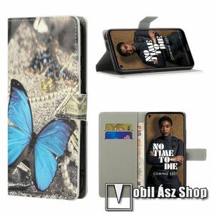 Notesz / mappa tok - KÉK PILLANGÓ MINTÁS - oldalra nyíló, rejtett mágneses záródás, belső zseb, asztali tartó funkció, szilikon belső - NOKIA 3.4 (2020) kép