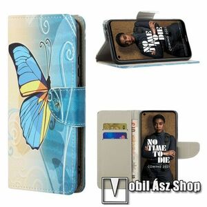 Notesz / mappa tok - KÉK PILLANGÓ MINTÁS - oldalra nyíló, rejtett mágneses záródás, belső zseb, asztali tartó funkció, szilikon belső - NOKIA 3.4 (2020) kép