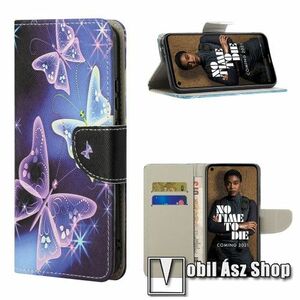 Notesz / mappa tok - LILA PILLANGÓ MINTÁS - oldalra nyíló, rejtett mágneses záródás, belső zseb, asztali tartó funkció, szilikon belső - NOKIA 3.4 (2020) kép