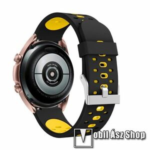 Okosóra szíj - szilikon - FEKETE / CITROMSÁRGA - 118mm+98mm hosszú, 20mm széles, 135-235mm átmérőjű csuklóméretig - SAMSUNG Galaxy Watch 42mm / Amazfit GTS / Galaxy Watch3 41mm / HUAWEI Watch GT 2 42mm / Galaxy Watch Active / Active 2 kép