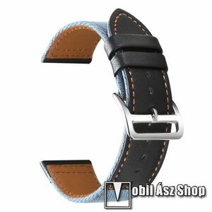 Okosóra szíj - FEKETE / VILÁGOSKÉK - szövet / PU bőrrel bevont - 89mm + 105mm hosszú, 22mm széles, 160-220mm-es átmérőjű csuklóméretig - SAMSUNG Galaxy Watch 46mm / Watch GT2 46mm / Watch GT 2e / Galaxy Watch3 45mm / Honor MagicWatch 2 46mm kép