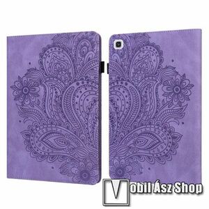 Notesz / mappa tok - GRAVÍROZOTT VIRÁG MINTÁS - LILA - oldalra nyíló, bankkártyatartó zsebek, mágneses záródás, asztali tartó funkció, szilikon belső - SAMSUNG Galaxy Tab A7 10.4 (2020) (SM-T500/T505) / (2022) (SM-T509) kép