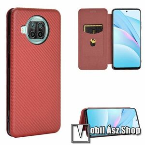 Notesz tok / flip tok - PIROS - KARBON MINTÁS - asztali tartó funkciós, oldalra nyíló, rejtett mágneses záródás, bankkártyatartó zseb, szilikon belső - Xiaomi Mi 10T Lite 5G / Redmi Note 9 Pro 5G / Mi 10i 5G kép