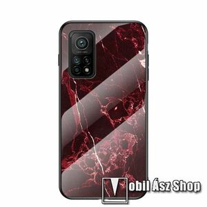 GLASS CASE műanyag védő tok / hátlap védő edzett üveg - FEKETE / PIROS MÁRVÁNY MINTÁS - szilikon szegély - Xiaomi Mi 10T 5G / Mi 10T Pro 5G / Redmi K30S kép