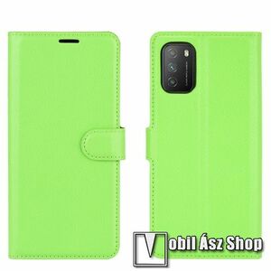 WALLET notesz tok / flip tok - ZÖLD - asztali tartó funkciós, oldalra nyíló, rejtett mágneses záródás, bankkártyatartó zseb, szilikon belső - Xiaomi Poco M3 kép