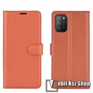 WALLET notesz tok / flip tok - BARNA - asztali tartó funkciós, oldalra nyíló, rejtett mágneses záródás, bankkártyatartó zseb, szilikon belső - Xiaomi Poco M3 kép