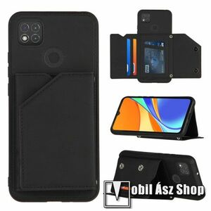 Szilikon védőtok / PU bőr hátlap - FEKETE - PU bőrrel bevont hátlap, nyitható patentos bankkártyatartó zsebek, asztali tartó funkció, erősített sarkok - Xiaomi Redmi 9C / Redmi 9C NFC / Redmi 10A kép