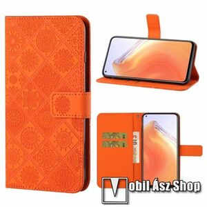 Notesz / mappa tok - GRAVÍROZOTT VIRÁG MINTÁS - NARANCSSÁRGA - oldalra nyíló, rejtett mágneses záródás, bankkártyatartó zsebek, asztali tartó funkció, szilikon belső - Xiaomi Mi 10T 5G / Mi 10T Pro 5G / Redmi K30S kép