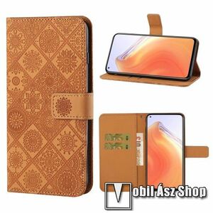 Notesz / mappa tok - GRAVÍROZOTT VIRÁG MINTÁS - BARNA - oldalra nyíló, rejtett mágneses záródás, bankkártyatartó zsebek, asztali tartó funkció, szilikon belső - Xiaomi Mi 10T 5G / Mi 10T Pro 5G / Redmi K30S kép