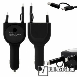 UNIVERZÁLIS szivargyújtós töltő / autós töltő + 3 az 1-ben felcsévélhető töltőkábel - 25W max, EXTRA 2x USB aljzat: 5V/2A, gyorstöltés támogatás, 5V / 3.1A, 80cm-ig kihúzható töltőkábellel (Lightning, microUSB, Type-C) - FEKETE kép