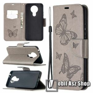 Notesz / mappa tok - GRAVÍROZOTT PILLANGÓ MINTÁS - SZÜRKE - oldalra nyíló, rejtett mágneses záródás, belső zseb, asztali tartó funkció, szilikon belső - NOKIA 3.4 (2020) kép