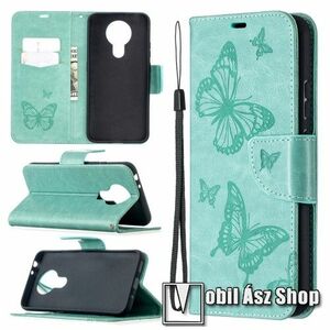 Notesz / mappa tok - GRAVÍROZOTT PILLANGÓ MINTÁS - CYAN - oldalra nyíló, rejtett mágneses záródás, belső zseb, asztali tartó funkció, szilikon belső - NOKIA 3.4 (2020) kép