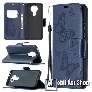Notesz / mappa tok - GRAVÍROZOTT PILLANGÓ MINTÁS - SÖTÉTKÉK - oldalra nyíló, rejtett mágneses záródás, belső zseb, asztali tartó funkció, szilikon belső - NOKIA 3.4 (2020) kép