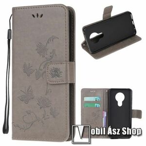 Notesz / mappa tok - GRAVÍROZOTT PILLANGÓ / VIRÁG MINTÁS - SZÜRKE - oldalra nyíló, rejtett mágneses záródás, belső zseb, asztali tartó funkció, szilikon belső - NOKIA 3.4 (2020) kép