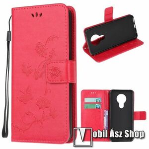 Notesz / mappa tok - GRAVÍROZOTT PILLANGÓ / VIRÁG MINTÁS - PIROS - oldalra nyíló, rejtett mágneses záródás, belső zseb, asztali tartó funkció, szilikon belső - NOKIA 3.4 (2020) kép