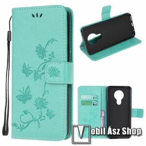 Notesz / mappa tok - GRAVÍROZOTT PILLANGÓ / VIRÁG MINTÁS - ZÖLD - oldalra nyíló, rejtett mágneses záródás, belső zseb, asztali tartó funkció, szilikon belső - NOKIA 3.4 (2020) kép
