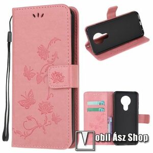Notesz / mappa tok - GRAVÍROZOTT PILLANGÓ / VIRÁG MINTÁS - RÓZSASZÍN - oldalra nyíló, rejtett mágneses záródás, belső zseb, asztali tartó funkció, szilikon belső - NOKIA 3.4 (2020) kép
