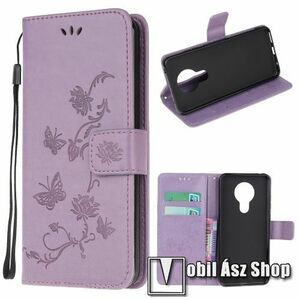Notesz / mappa tok - GRAVÍROZOTT PILLANGÓ / VIRÁG MINTÁS - VILÁGOSLILA - oldalra nyíló, rejtett mágneses záródás, belső zseb, asztali tartó funkció, szilikon belső - NOKIA 3.4 (2020) kép
