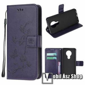 Notesz / mappa tok - GRAVÍROZOTT PILLANGÓ / VIRÁG MINTÁS - SÖTÉTLILA - oldalra nyíló, rejtett mágneses záródás, belső zseb, asztali tartó funkció, szilikon belső - NOKIA 3.4 (2020) kép