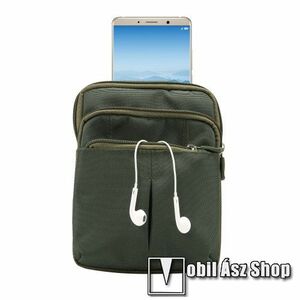 UNIVERZÁLIS tok - SÖTÉTZÖLD - álló, cipzár, több fakkos, övtáska, vállpánt, övre fűzhető - Felső tároló mérete 190 x 140 x 35 mm, középső 155 x 140 x 35 mm, alsó 140 x 120 x 35 mm kép