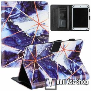 UNIVERZÁLIS notesz / mappa tablet PC tok - SÖTÉTKÉK MÁRVÁNY MINTÁS - álló, bőr, mágneses záródás, bankkártyatartó zsebek, asztali tartó funkciós, tolltartó, 170-200mm x 105-125mm befogó keret, 7"-os készülékekhez kép
