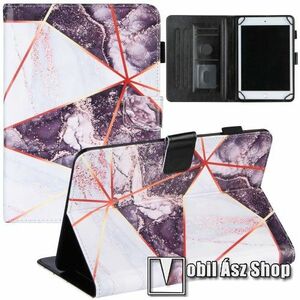 UNIVERZÁLIS notesz / mappa tablet PC tok - LILA / FEHÉR MÁRVÁNY MINTÁS - álló, bőr, mágneses záródás, bankkártyatartó zsebek, asztali tartó funkciós, tolltartó, 170-200mm x 105-125mm befogó keret, 7"-os készülékekhez kép