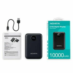 Adata power bank 10000mah c100 fekete, digitális kijelző PC10022-12BK kép