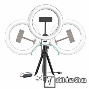 UNIVERZÁLIS telefon tartó tripod állvány / körfény - 20cm LED selfie körfény, állítható színhőmérséklet / fényerő, 3200-5800K, 360°-ban forgatható, 1/4" univerzális csavar, 60-85mm-ig nyíló bölcső - FEKETE kép