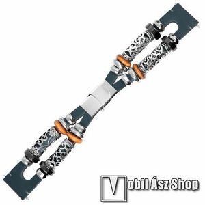 Okosóra szíj - SÖTÉTKÉK - kézzel készített valódi bőr, egyedi gyöngyökkel, 163mm hosszú, 22mm széles, 135-235mm-es csukóméretig - SAMSUNG Galaxy Watch 46mm / HUAWEI Watch GT 2 46mm / SAMSUNG Gear S3 Frontier kép