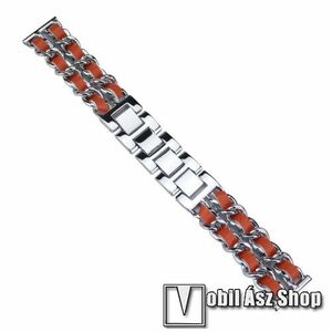 Okosóra szíj - EZÜST / NARANCSSÁRGA - rozsdamentes acél / PU bőr - 190mm hosszú, 20mm széles - SAMSUNG Galaxy Watch 42mm / Xiaomi Amazfit GTS / Galaxy Watch3 41mm / HUAWEI Watch GT 2 42mm / Galaxy Watch Active / Active 2 kép