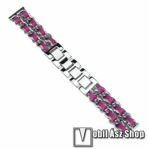 Okosóra szíj - EZÜST / MAGENTA - rozsdamentes acél / PU bőr - 190mm hosszú, 20mm széles - SAMSUNG Galaxy Watch 42mm / Xiaomi Amazfit GTS / Galaxy Watch3 41mm / HUAWEI Watch GT 2 42mm / Galaxy Watch Active / Active 2 kép