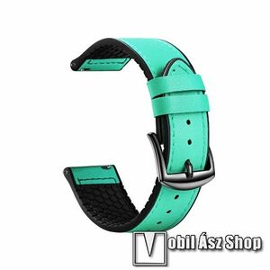 Okosóra szíj - CYAN - valódi bőr, szilikon - 96mm + 120mm hosszú, 22mm széles - SAMSUNG Galaxy Watch 46mm / Watch GT2 46mm / Watch GT 2e / Galaxy Watch3 45mm / Honor MagicWatch 2 46mm kép