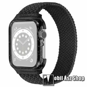 Okosóra szíj / műanyag tok - FEKETE - fonott szövet körpánt, műanyag védő keret, 135mm hosszú, S-es méret, 150-157mm-es csuklóra - APPLE Watch Series 4 / 5 / 6 40mm kép