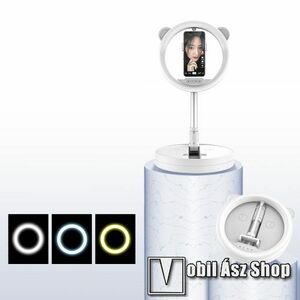UNIVERZÁLIS asztali telefon tartó állvány / LED selfie körfény - 128 LED-es, összecsukható, alumínium, állítható színhőmérséklet / fényerő, 360°-ban forgatható, állítható magasság 54-167cm-ig, 280 x 280 x 73mm - FEHÉR kép