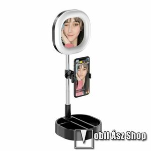 UNIVERZÁLIS asztali telefon tartó állvány - 64 LEDES selfie / szelfi körfény / sminktükör, 5-15W, állítható színhőmérséklet / fényerő, 3500K-6000K, 360°-ban forgatható, 63-83mmig nyíló bölcső, 30-58cm-ig állítható magasság - FEKETE kép