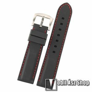Okosóra szíj - FEKETE - szilikon, piros varrással - 80mm + 120mm hosszú, 24mm széles - Fossil Hybrid Smartwatch HR Latitude FTW7020 / FTW7019 / FTW7021 / DIESEL Full Guard 2.5 DZT2010 / DZT2009 kép